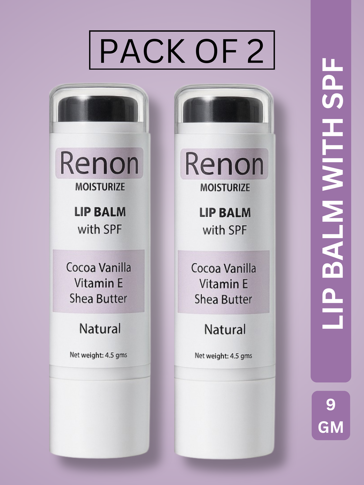 Renon SPF Lip Balm Pack of 2 | Jojoba Oil and Castor Oil | Vitamin E | Shea Butter | Lip balm for dry lips | Lip balm men | Cocoa Vanilla | lip balm for women