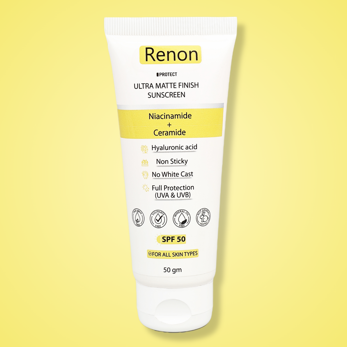 Renon SPF 50 PA+++ Matte Finish Sunscreen for oily Skin | Niacinamide + Ceramide