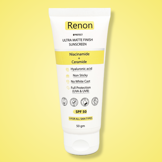 Renon SPF 50 PA+++ Matte Finish Sunscreen for oily Skin | Niacinamide + Ceramide