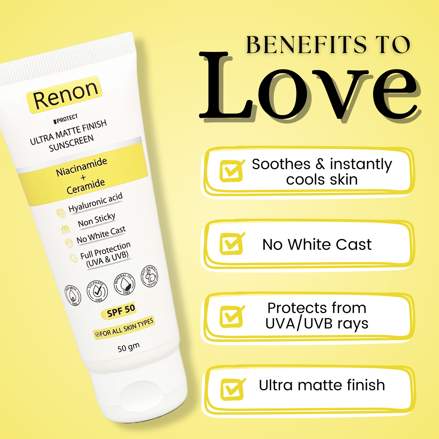 Renon SPF 50 PA+++ Matte Finish Pack of 2 Sunscreen for oily Skin | Niacinamide + Ceramide Sunscreen | Non Sticky | No White Cast | Sunscreen for Oily Skin