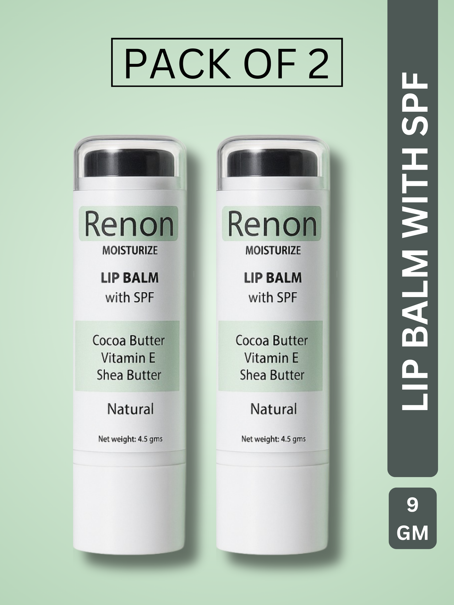 Renon SPF Lip Balm Pack of 2 | Shea Butter | Jojoba Oil and Castor Oil | Vitamin E | Lip balm for dry lips | Lip balm men | Cocoa Butter | lip balm for women
