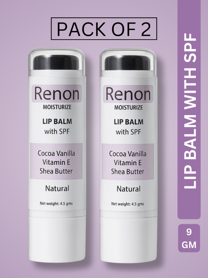 Renon SPF Lip Balm Pack of 2 | Jojoba Oil and Castor Oil | Vitamin E | Shea Butter | Lip balm for dry lips | Lip balm men | Cocoa Vanilla | lip balm for women