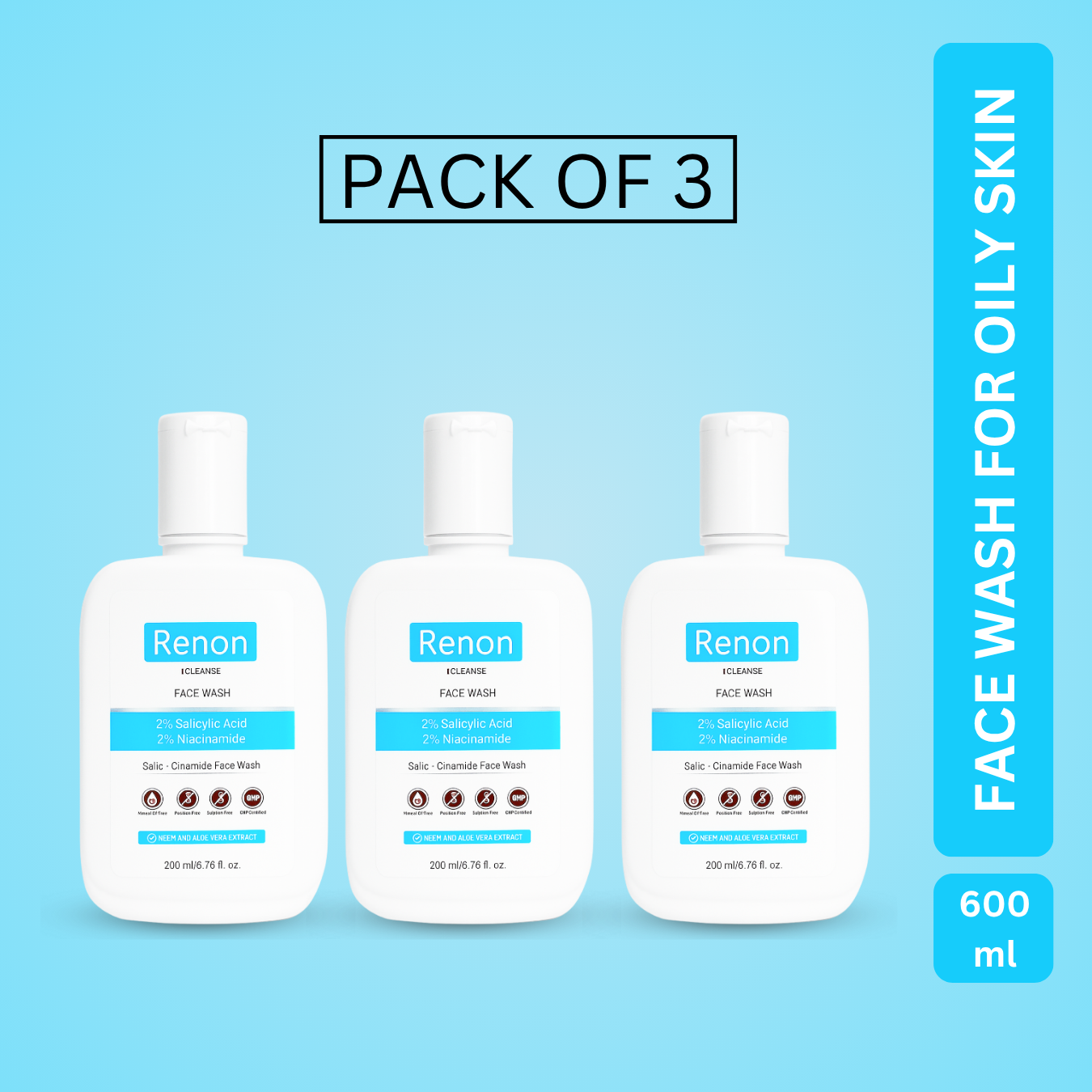 Renon 2% Salicylic + 2 % Niacinamide Face Wash Super Saver Pack (600 ml)