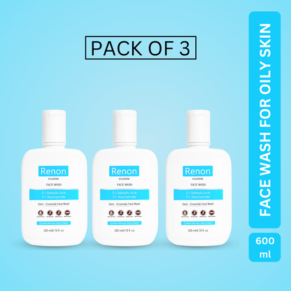 Renon 2% Salicylic + 2 % Niacinamide Face Wash Super Saver Pack (600 ml)