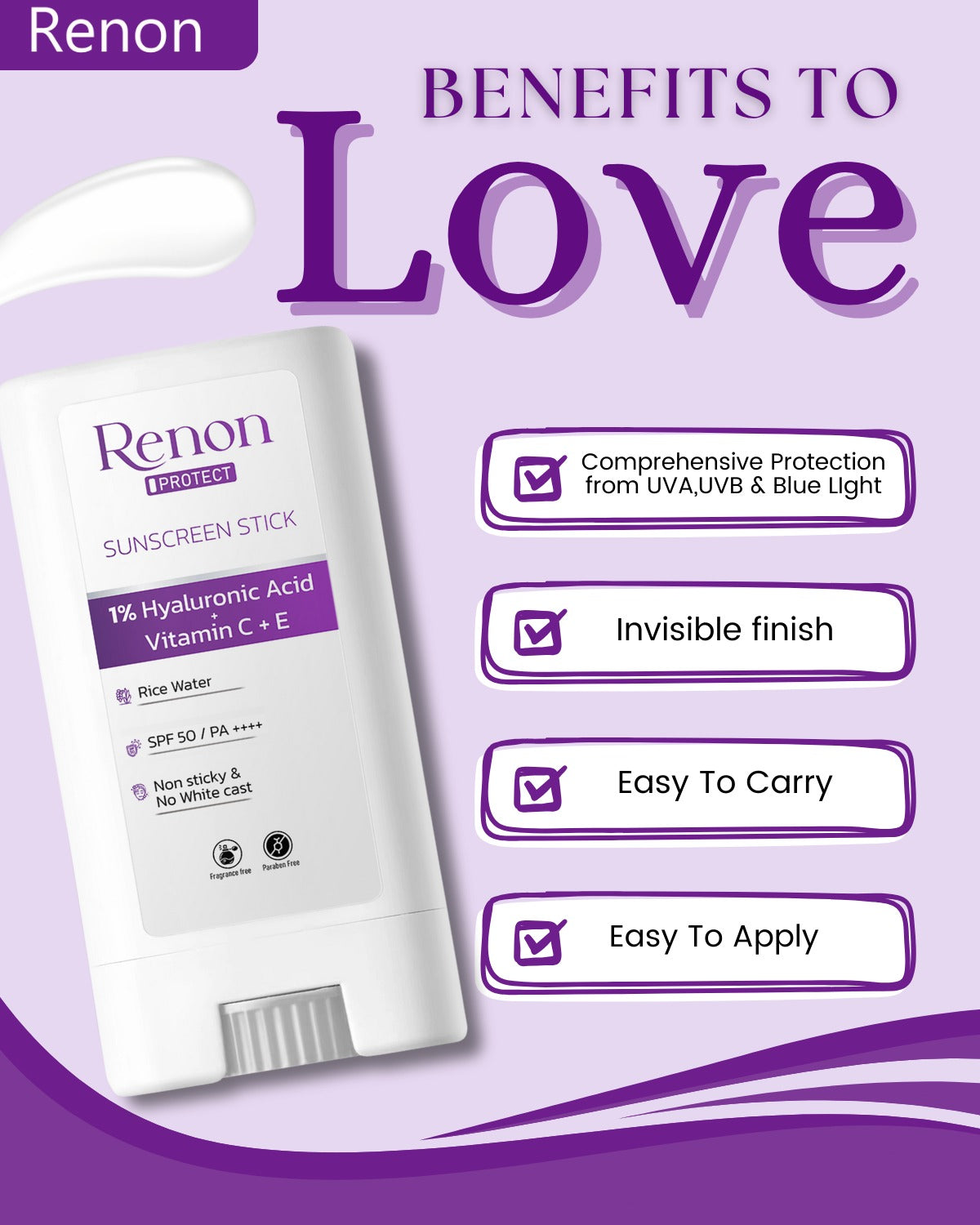 Renon 1 % Hyaluronic PA++++ SPF 50 Sunscreen Stick