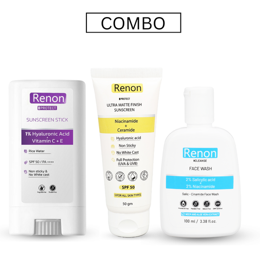 1 % Hyaluronic PA++++ SPF 50 Sunscreen Stick and Niacinamide Matte Finish Sunscreen and Salic-Cinamide Facewash combo