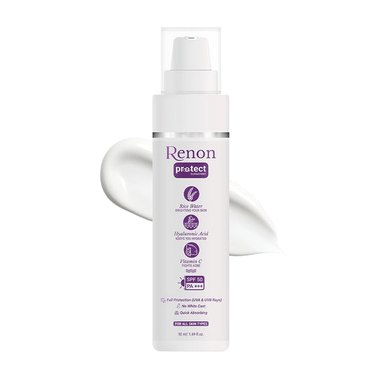 Renon Sunscreen for oily Skin |1% Hyaluronic Acid SPF 50 sunscreen for oily skin | Rice water + Vitamin C sunscreen | Sunscreen for Men & Women | Sun Shield for oily skin