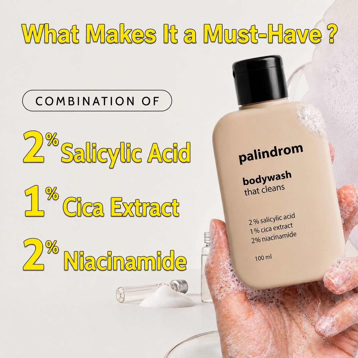 Palindrom 2% Salicylic Acid, 2% Niacinamide & 1% Cica Body Wash Shower Gel for Women & Men, Exfoliating Daily Cleansing Body Wash for Oily & All Skin Types, Summer Shower Gel (100 ml )