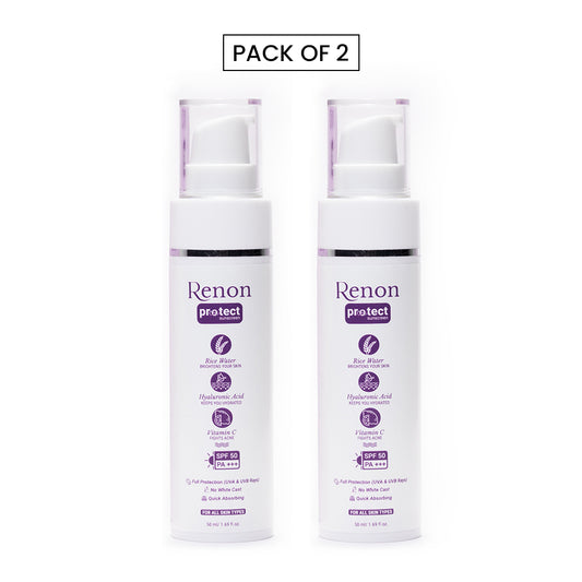 Renon Sunscreen for oily Skin |1% Hyaluronic Acid SPF 50 sunscreen for dry skin | Rice water + Vitamin C sunscreen | Sunscreen for Men & Women | Sun Shield for oily skin | Pack of 2