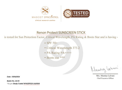 Renon 1 % Hyaluronic PA++++ SPF 50 Sunscreen Stick Pack of 2